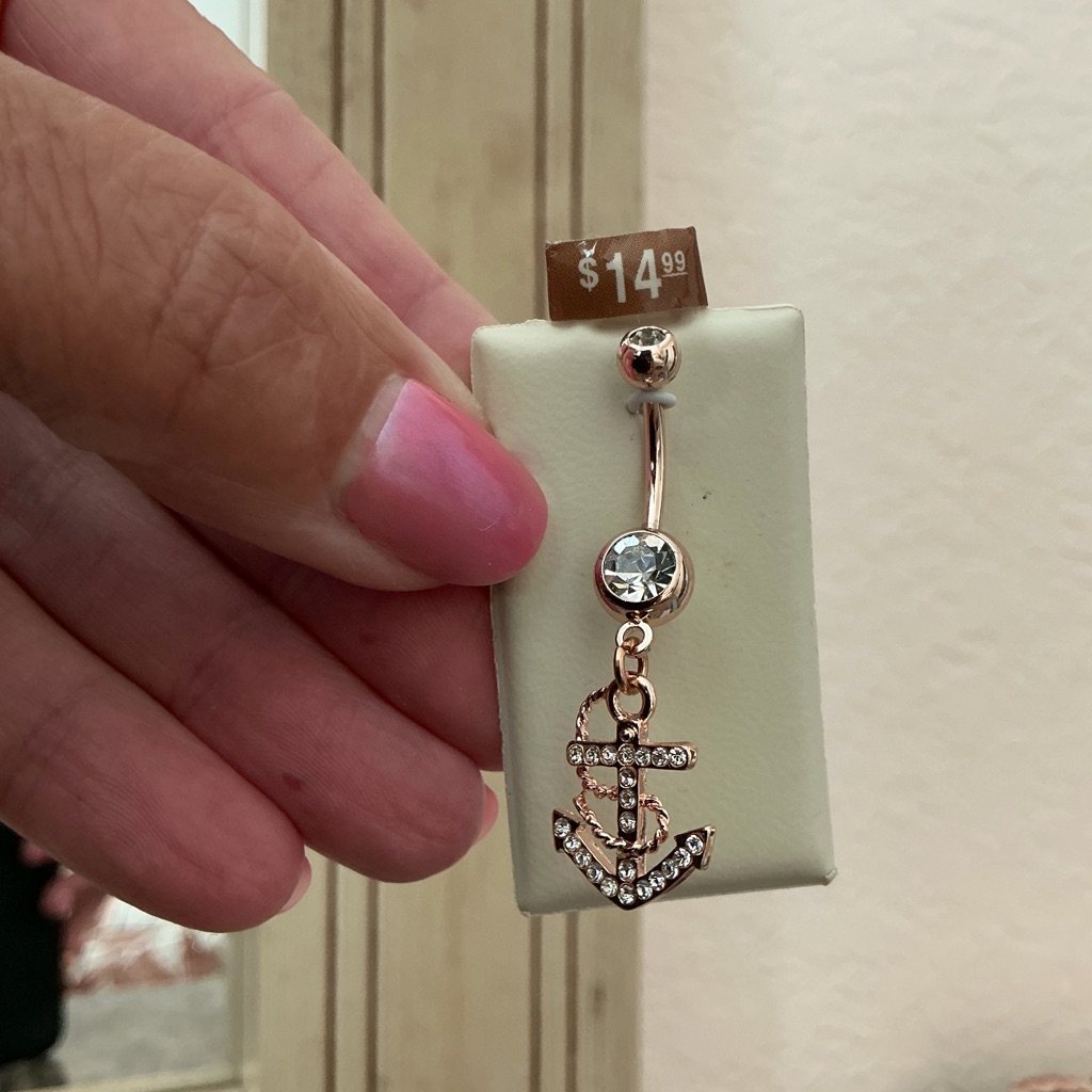 Rose Gold Anchor Dangle Belly Ring With Clear Crystal